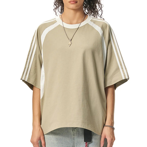 T-shirt ample en coton à manches courtes pour femme, style vintage, rayé, avec empiècements contrastants en maille, idéal pour le sport, la gym, le club ou le jogging - Product Image 1