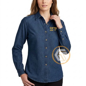 เสื้อเชิ้ตผู้หญิง ODM แขนยาวแบบแร็กแลน ปกคอปกติ สไตล์ลำลอง สำหรับชมรม SIGMA GAMMA RHO ผลิตจากผ้าฝ้าย 100% เป็นมิตรกับสิ่งแวดล้อม - Product Image 2