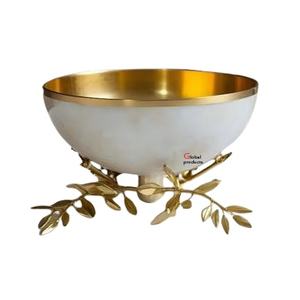 Cuenco de Ramadán blanco y dorado de metal de aspecto único con soporte de diseño de hojas para restaurante de hotel - Product Image 1