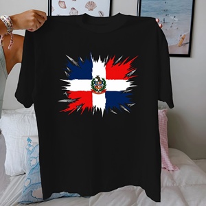 T-shirt pour femme en coton 100% à col rond, coupe confortable, imprimé par transfert thermique, motif du drapeau de la République dominicaine, tricot décontracté - Product Image 1
