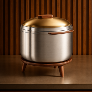 Olla de Acero Inoxidable de Lujo para Mantener la Comida Caliente, con Tapa Redonda Tipo Domo, Base de Madera y Asas - Product Image 1