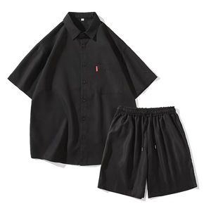 Conjunto de Camisa de Manga Corta y Pantalones Cortos Negros para Hombre, Talla Grande, Color Sólido, Ropa Casual de Verano, Tejido de Algodón - Product Image 1