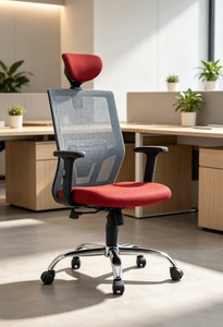 Modern Ergonomic Mesh Commercial <b>Office</b> <b>Chair</b> Red Gray Adjustable Armrest Headrest <b>Swivel</b> Chrome Base Manual Contemporary Design - Product Image 1