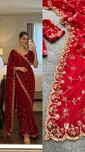 <b>Red</b> Silk <b>Saree</b> With Gold Embroidery Traditional Indian Wedding Wear For Women Floor-Length Regular Fit - Product Image 5