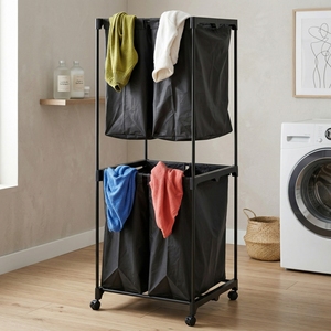 Wholesale New MIT Taiwan Double Household Storage Metal Laundry Basket <b>Cart</b> 4 PEVA Bags Fabric Cloth Use Clothing Organizer - Product Image 1