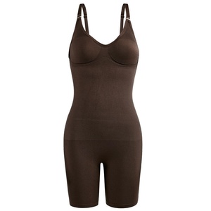 Women Knitted Spaghetti Strap Bodycon Bodysuit Tummy Control Shapewear Solid Black Above Knee Length Seamless Fit - Product Image 2