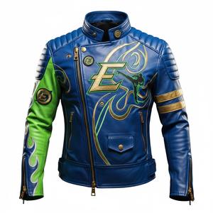 Chaqueta de Motociclista Personalizada para Hombre, de Cuero Azul Verde, Resistente al Viento, para Invierno, con Bordado de Llamas y Rayas Doradas, Estilo Biker, OEM - Product Image 5