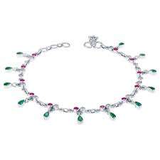 Bracelet de cheville en argent fait main de style Rajasthani avec émeraudes et rubis |   Bracelet de cheville délicat en pierres précieuses pour femmes et jeunes filles - Product Image 2