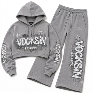 VOCKSIN EXPORTS Women's <b>Grey</b> Cropped <b>Hoodie</b> Wide Leg Fleece Sweatpants Set Printed Cotton High Street Style Regular Fit Winter - Product Image 4