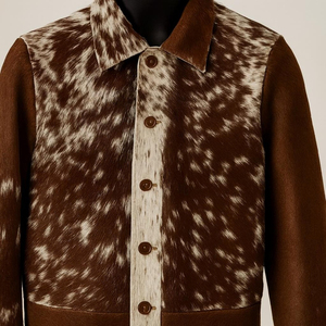 Chaqueta de Cuero Vacuno Natural Hecha a Mano de Primera Calidad, Color Marrón con Pelo Blanco, Estilo Western Ranch Wear - Product Image 5