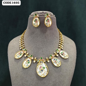 Luxury Gold Finish Mother of Pearl <b>Statement</b> <b>Necklace</b> Set with Multicolor Gemstone Accents Designer Wedding Party Bridal Fashion - Product Image 1