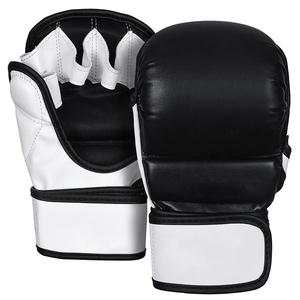 Gants d'entraînement de boxe MMA demi-doigts noirs et blancs en cuir PU avec support de poignet Velcro pour le sparring - Product Image 1