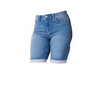 Shorts en jean taille haute pour femme, délavé, couleur unie, style décontracté d'été, coupe ajustée, fermeture boutonnée, tissu en coton tissé - Product Image 1
