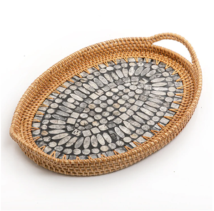 Bandeja de servir de nácar con diseño de ratán, artesanía redonda, elegante bandeja para servir alimentos, proveedor mayorista - Product Image 6