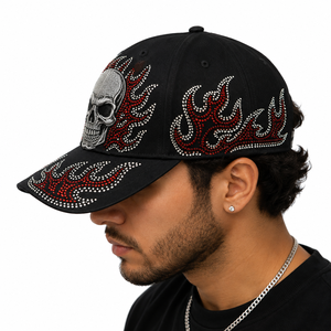 Gorra de béisbol personalizada al por mayor con pedrería, 6 paneles, visera curva, snapback, con calavera bordada en 3D y llama de cristal termoadhesiva - Product Image 3