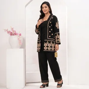 Ensemble 3 pièces en coton noir brodé pour femmes, manches longues, coupe ample, décontracté, à porter toute l'année - Product Image 2
