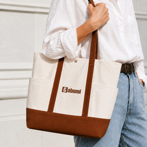 Sac fourre-tout en toile patchwork bicolore personnalisé avec logo, grande capacité, multi-poches, robuste, pour le shopping - Product Image 3