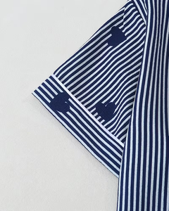 Women Striped Heart Print Cotton Pajama Set Short Sleeve Turn-down Collar Full Length Casual Summer Sleepwear 2 Piece - Product Image 5