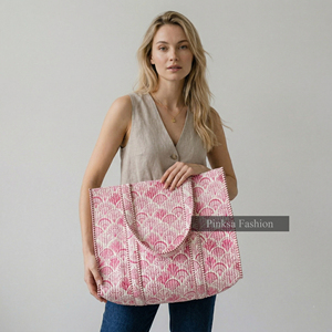 Bolsa de Mano Acolchada Hecha a Mano con Estampado de Bloques para Primavera, Verano y Otoño, 100% Algodón, con Cierre, Bolsillos Grandes Reutilizables para Compras, Venta al por Mayor en Jaipur - Product Image 5