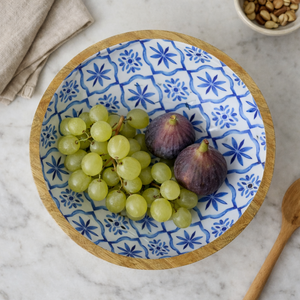 Vajilla de madera de mango con estampado de azulejos azules naturales, tazón con pedestal esmaltado para el hogar y la cocina, mesa ecológica con juegos de cubiertos. - Product Image 5