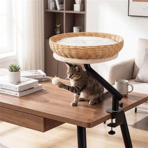 Cuccia per Gatti Girevole a 360 Gradi 2-in-1, Rifugio Portatile da Scrivania con Palla Sonora, in Nero e Bianco Naturale - Product Image 3
