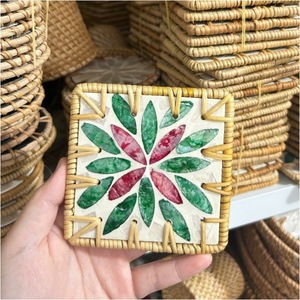 Handwoven Rattan Mother of Pearl Coaster Round Cup Mat for Home Hotel <b>Coffee</b> <b>Table</b> Decor - Product Image 2