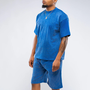 Men Summer Two-Piece <b>Set</b> 100% Cotton Crew Neck T-Shirt & Shorts Solid Blue Casual Wear Customizable Logo Front Print and sale - Product Image 2