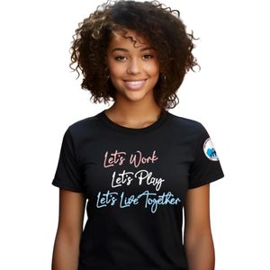 Women's Black Casual Graphic Tee with Colorful Let's Work Let's Play Let's Live Together Embroidered Lettering Short Sleeve - Product Image 1