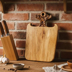 Esta elegante tabla de cortar de madera presenta un mango superior intrincadamente tallado a mano con un diseño distintivo para cortar verduras. - Product Image 1