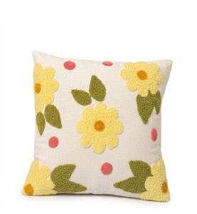 Artisan Crafted Embroidery Cotton Square Yellow Floral and Green Leaf Pattern Home Decor <b>Cushion</b> <b>Cover</b> - Product Image 4
