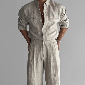 OEM Custom Italian-Style Men's Shirt Wholesale Business Casual Party Holiday <b>Linen</b> Men's Shirt Sets Set <b>Two</b>-<b>Piece</b> Shirt - Product Image 4
