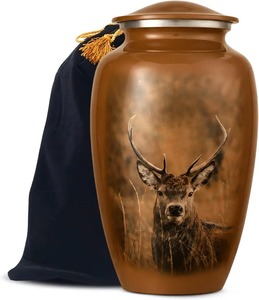Brown Classic Deer Art Cremation <b>Urn</b> for Adult Ashes Funeral Memorial with Decorative <b>Large</b> Aluminium Classic <b>Urn</b> Velvet Bag - Product Image 1