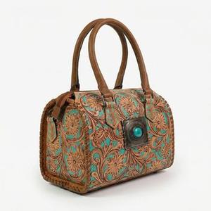 2026 New Arrival Luxury <b>Hand</b> Tooled Full Floral Carved Turquoise Green Stone Studded 100% Genuine Leather <b>Mini</b> Speedy Duffle Bag - Product Image 3