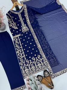Completo Salwar Kameez Blu Navy Ricamato con Lavorazione Pesante in Filo Zari, Kurta e Dupatta, per Feste Estive e Matrimoni, Etnico, Completamente Cucito - Product Image 3