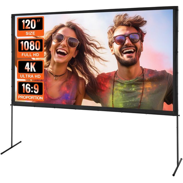 120-Inch 16:9 4K 1080 HD Outdoor Wrinkle-Free Projection Screen Stand Bar Feet Carry Bag for Home Theater Backyard Movie Night