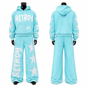 Survêtement à capuche bleu clair à prix abordable, coupe ample, imprimé étoiles, unisexe, décontracté, taille adulte, collection printemps - Product Image 1