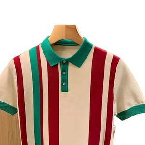 เสื้อโปโลถักเข้ารูปสำหรับผู้ชาย, สเวตเตอร์แขนสั้นบล็อกสีแนวตั้งสไตล์ลำลอง - Product Image 2