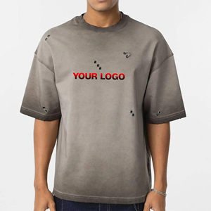 เสื้อยืดโอเวอร์ไซส์สีเทาซันเฟดสำหรับผู้ชาย ลุคขาดๆ แบบสตรีทแวร์ คอกลม แขนสั้น ผ้าฝ้าย 100% เสื้อยืดลำลอง - Product Image 1
