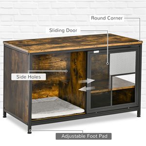 Cuccia Rustica per Cuccioli da Interno in Stile Mobile, Gabbia in Legno per Gatti con Cuscino e Porte Scorrevoli, Tavolino, Casetta per Animali Domestici - Product Image 5