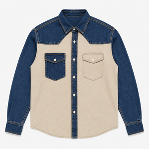 Camisa de Mezclilla Bicolor para Hombre, con Paneles en Contraste, Manga Larga, Estilo Casual Urbano, 100% Algodón, Ecológica, Antiarrugas, Personalizable - Product Image 4