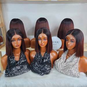 Perruques en cheveux humains 100% vierges vietnamiens, lisses comme des baguettes, longues, blondes ou noires, avec dentelle transparente pour pose sur la nuque - Product Image 1