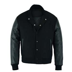 Chaqueta Varsity Negra para Hombre, Cuerpo de Lana, Cuello Camisero, Estilo Casual para Primavera, Corte Regular, Cierre Frontal con Cremallera - Product Image 4