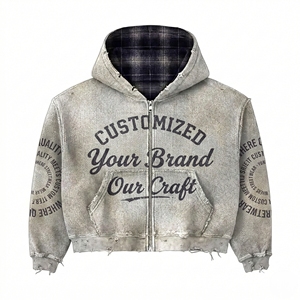 Custom Heavyweight Oversized Boxy Distressed <b>Zip</b> <b>up</b> Double Layers Design Plaid Blank Vintage Dirty Acid Wash Reversible <b>Hoodies</b> - Product Image 1