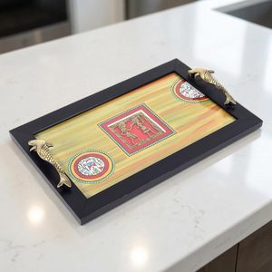 Yellow Color Sticker Printed Wooden <b>Walnut</b> Border with Casted Handled Fruit Serving Tray for Dining <b>Table</b> Home Usage in Cafes - Product Image 1