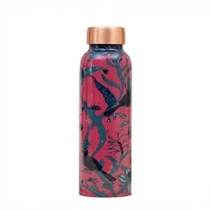 Bouteille d'eau en cuivre pur artisanale, motif palmier paon jaune moutarde, motif botanique tropical, flacon en cuivre - Product Image 6