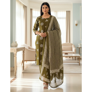 Conjunto de 3 Piezas Laxmi Lifestyle de Alta Calidad para Mujer, Ropa Tradicional India de Algodón con Estampado Metálico, Lavable, para Fiestas, Moda, Exportación - Product Image 1