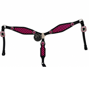 Ensemble de têtière et de collier de poitrine en cuir noir style western avec incrustation à carreaux roses et conchos en strass, équipement équestre - Product Image 2