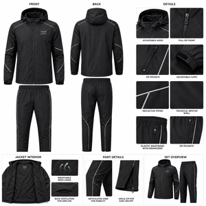 Wholesale Solid Black Lightweight Waterproof Hooded Tracksuit Set with Back <b>Zip</b> Pocket and Other Closure Sporty Style Tracksuit - Product Image 5