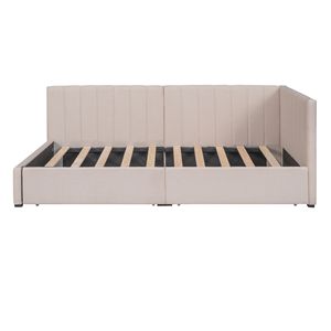 Divano letto imbottito in tessuto di lino beige con 2 cassetti contenitore, struttura letto singolo, non necessita di rete a molle - Product Image 4