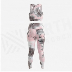Ensemble de yoga 2 pièces North Approach Tie Dye rose et gris, legging taille haute et crop top dos nageur, extensible dans les quatre sens - Product Image 2